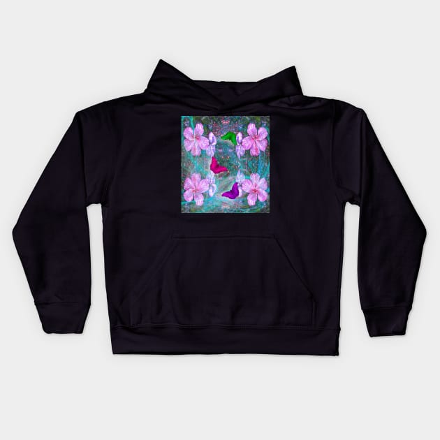 Fabulous pink hibiscus and vibrant butterflies Kids Hoodie by hereswendy